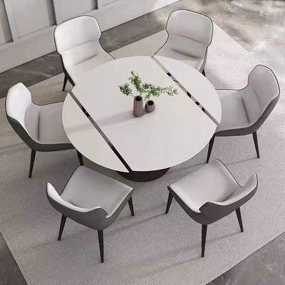 旋转岩板餐桌可变圆桌家用小户型现代简约折叠伸缩多功能变形桌子