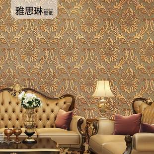 大花墙纸奢华宫廷风金色咖色大马士革壁纸非自粘客厅卧室背景 欧式