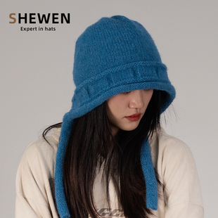 川西旅游蓝色绑带针织包头帽女秋冬季 出游毛绒毛线帽显脸小帽子