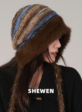 原创大头围针织包头帽女2025秋冬新款川西旅游毛绒流苏辫子毛线帽