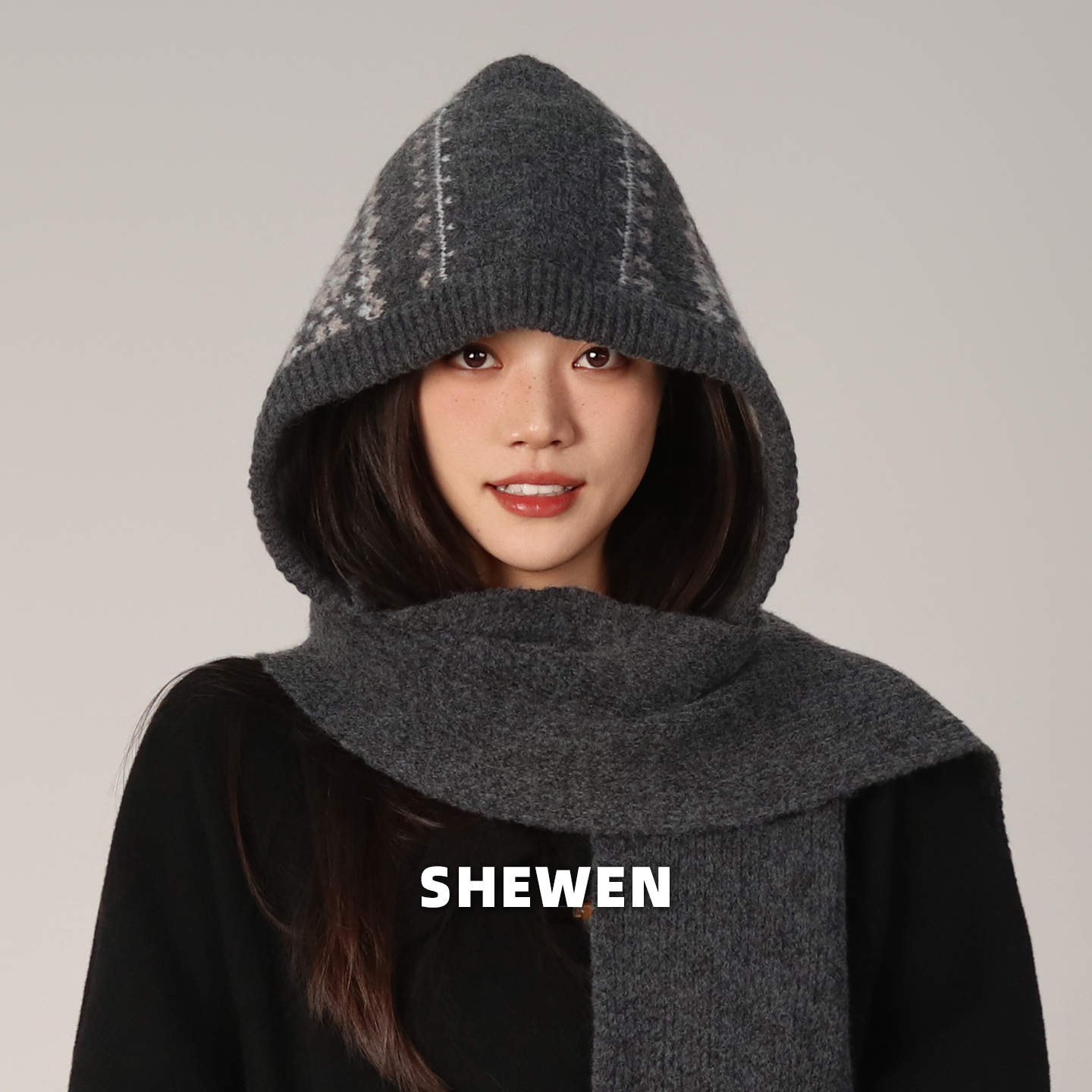 大头围韩版围巾一体费尔岛风巴拉克拉法帽女秋冬保暖针织毛线帽子