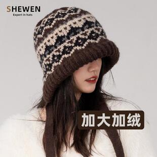 费尔岛风针织帽女秋冬大头围毛线帽女加绒加绒巴拉克拉法帽包包帽