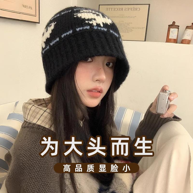 针织渔夫帽大头围毛线帽秋冬毛绒水桶帽显脸小加大码渔夫帽方圆脸