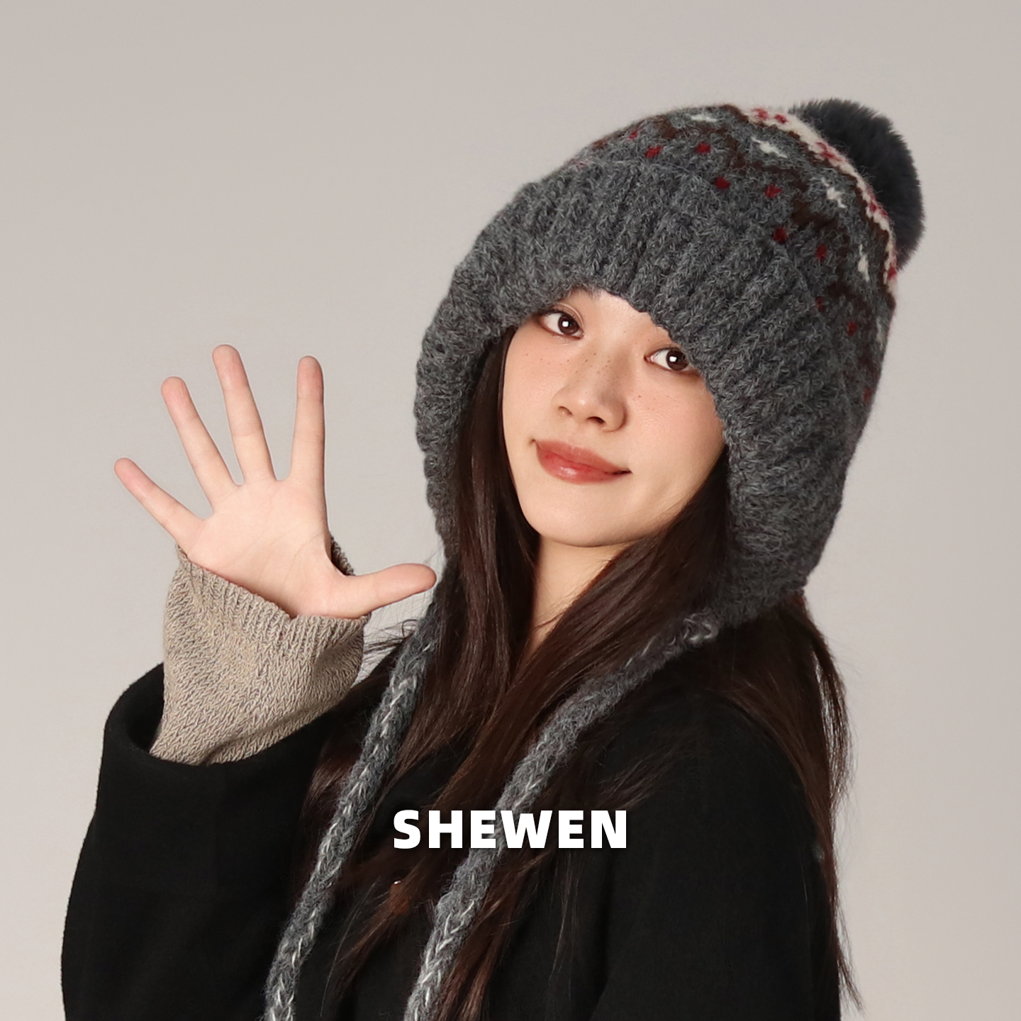 针织护耳提花费尔岛出游毛线帽