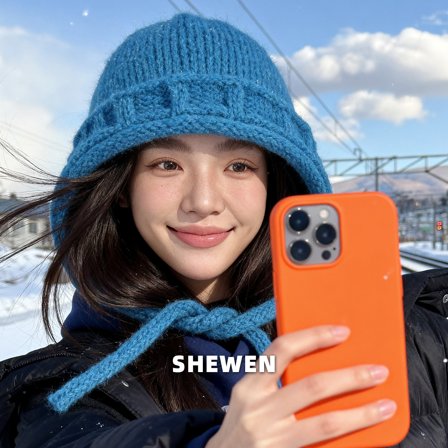 冬季雪景蓝色毛线帽大头围