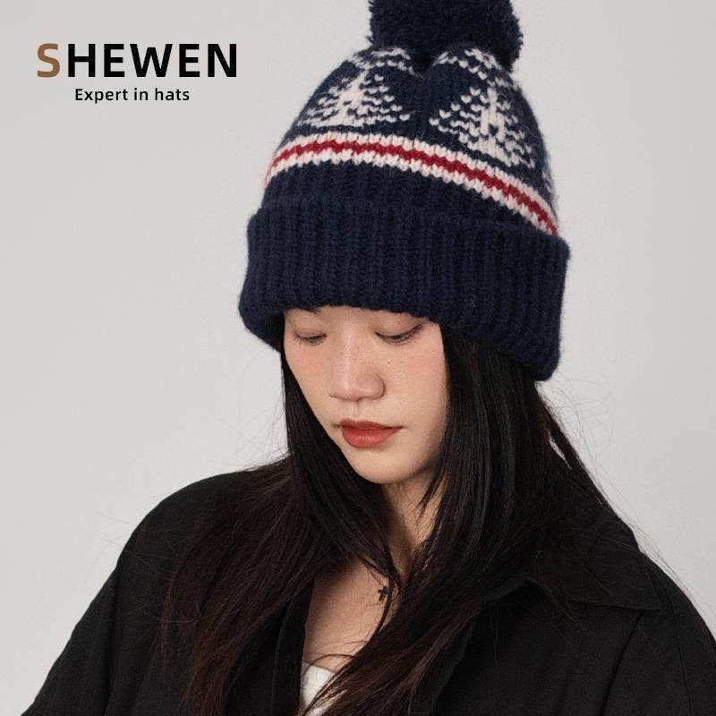 费尔岛风复古保暖针织帽子女冰岛毛线帽藏青色百搭加厚显脸小提花,服饰配件/皮带/帽子/围巾,帽子,淘宝优惠券,粉丝福利购,淘宝优惠卷