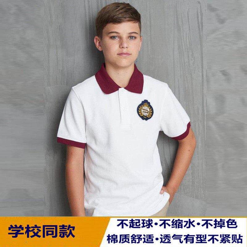 中小学生夏季校服 男女童棉短袖T恤白色枣红衣领翻领POLO衫13T003