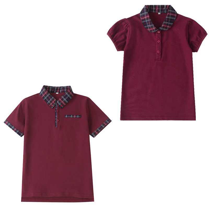 中小学生校服学院风英伦风园服夏装枣红格子衣领男女款短袖上衣棉