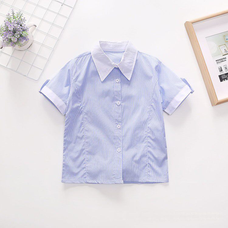 新款短袖白蓝细间隔条纹衬衫女童纯棉单层夏装学生衬衫校服表演服