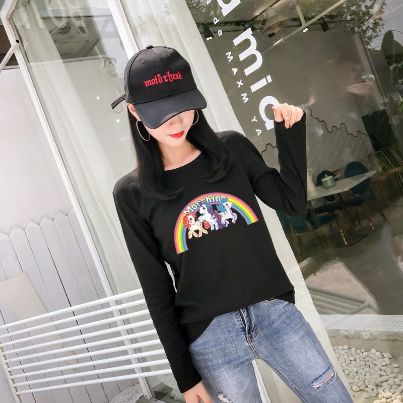 批发女装2021秋装新款韩版宽松彩虹独角兽印花长袖t恤女学生上衣