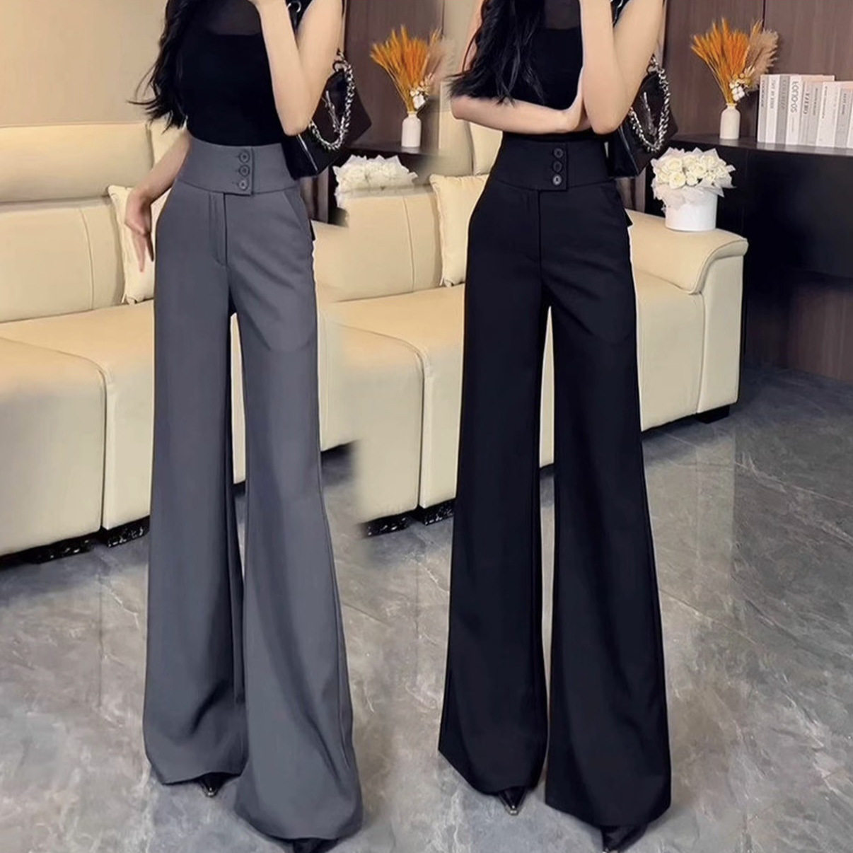 感黑色微喇西装裤女春季2026新款高腰显瘦垂感拖地喇叭裤子女