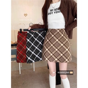 韩系复古格子撞色毛呢半身裙女小个子高腰包臀裙红色短裙a字裙子