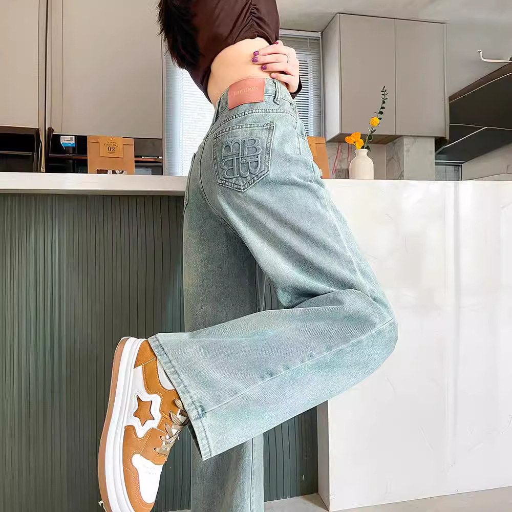 复古阔腿牛仔裤女春夏小个子高腰宽松直筒窄版设计感拖地长裤子女