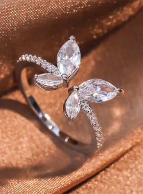 工厂璀璨满钻蝴蝶指环可调节开口马眼锆石轻奢戒指