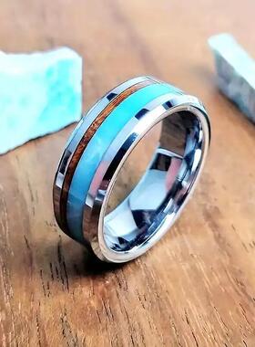 欧美跨境不锈钢戒指时尚创意银色平面开槽斜槽花现货镶嵌澳宝木纹