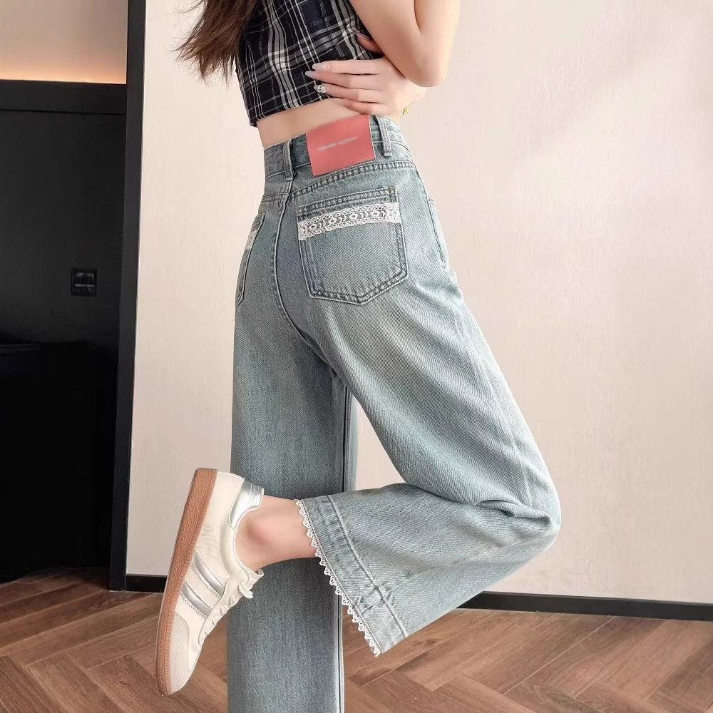 蕾丝花边直筒牛仔裤女夏季新款薄款小个子高腰大码女装阔腿九分裤