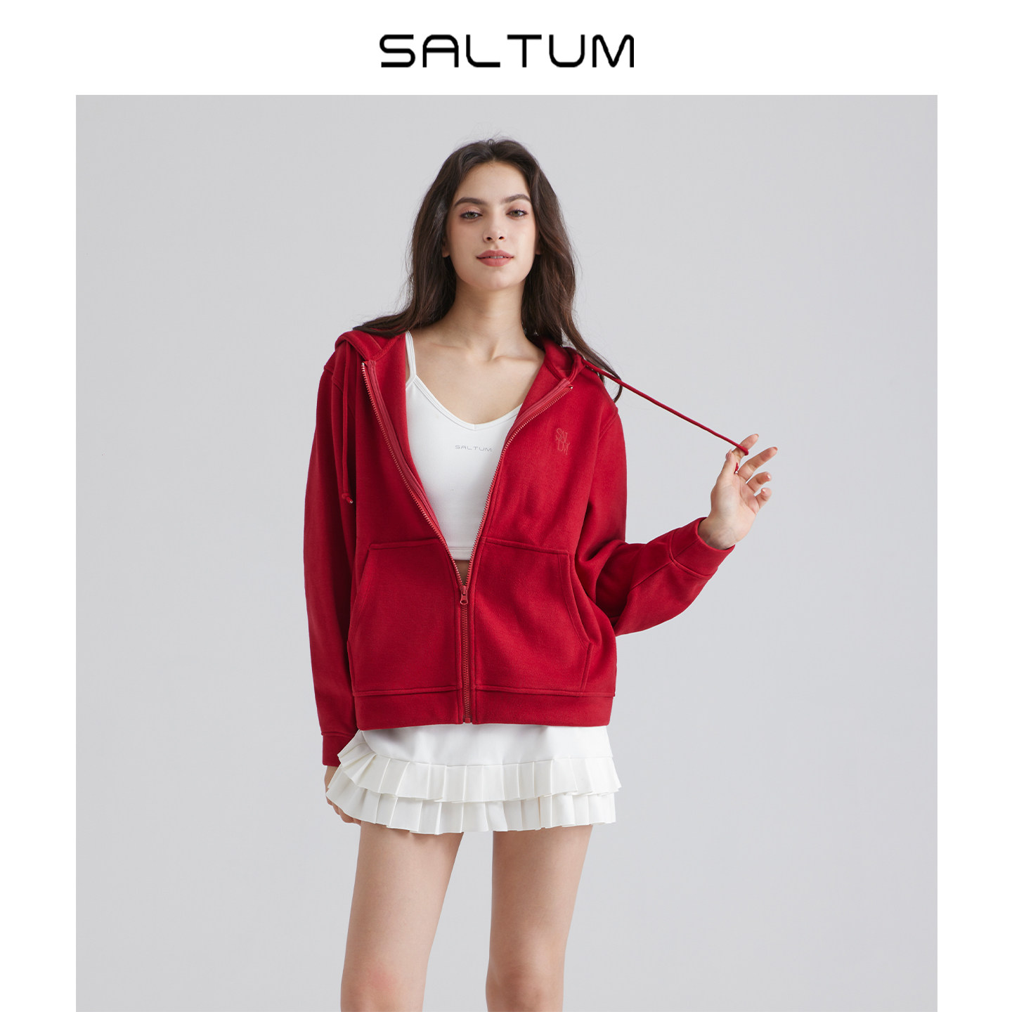 运动卫衣女开衫美式连帽长袖拉链宽松休闲红色运动外套刺绣logo