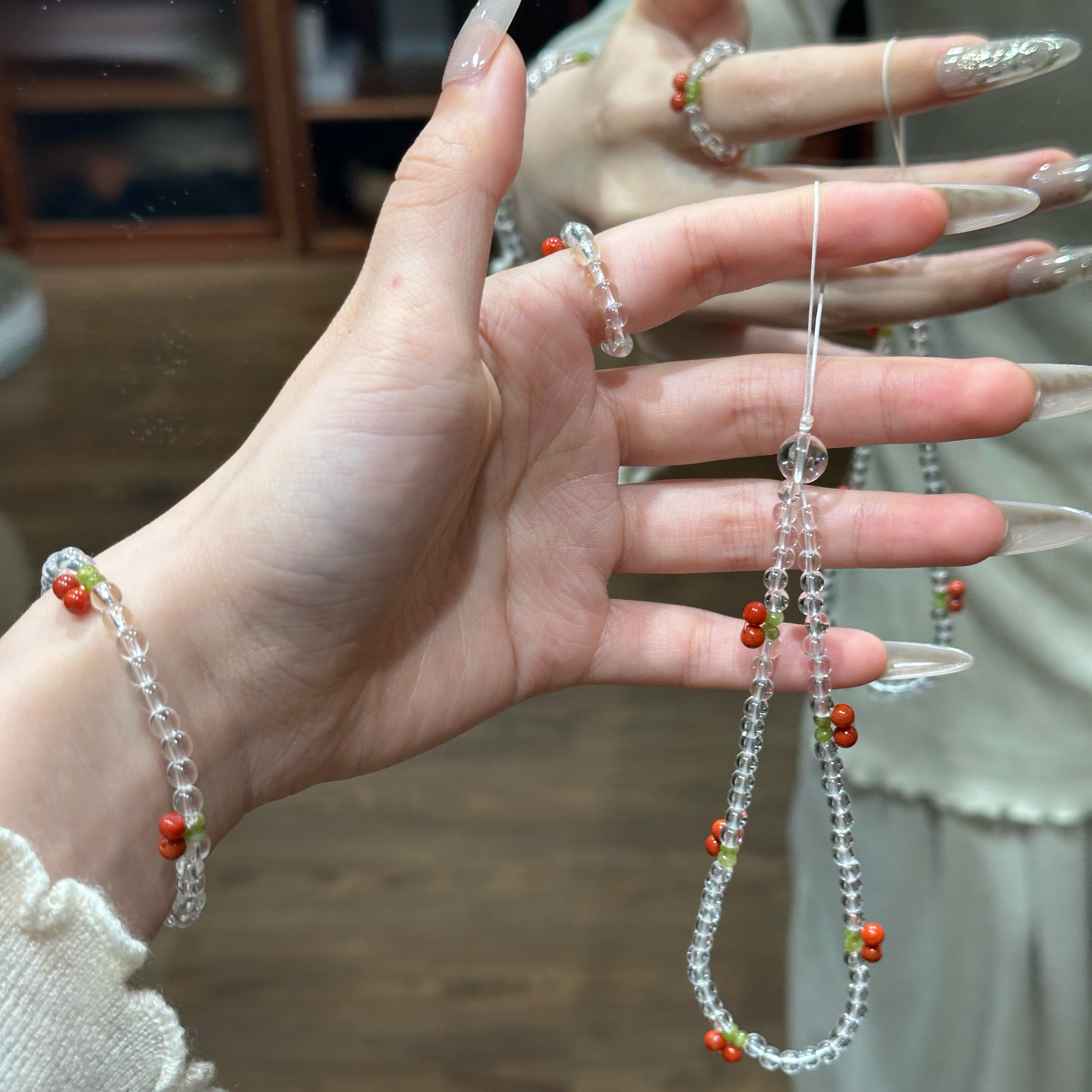 原创樱桃白水晶橄榄石南红编绳多功能挂件弹力手串戒指手机链套装