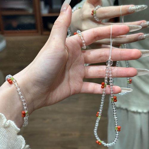 原创樱桃白水晶橄榄石南红编绳多功能挂件弹力手串戒指手机链套装