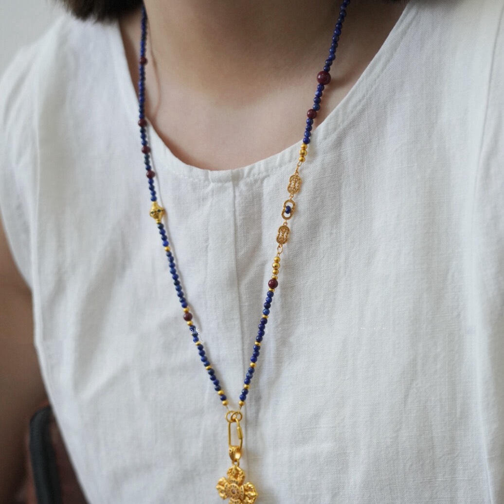 原创天然青金石万能链吊坠万能扣配链新中式金锁黄财神毛衣链百搭