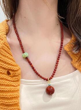 原创天然川料南红玛瑙小米珠项链14mm大颗粒吊坠绿松石毛衣链显白