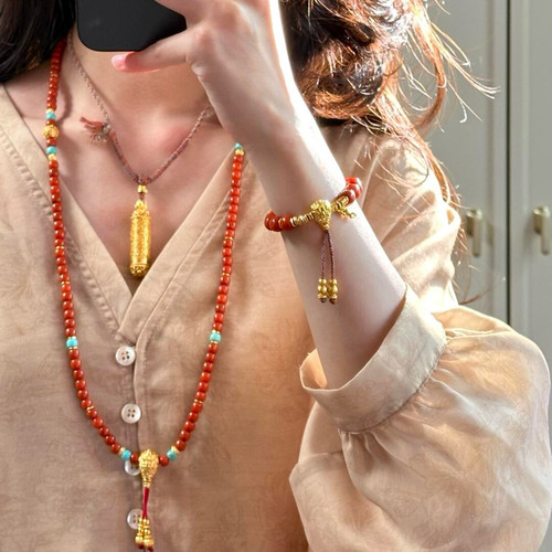 天然南红玛瑙苹果珠项链女款柿子红古法金毛衣链复古风手链本命年
