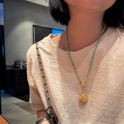 天然原矿高瓷绿松石小米珠万能链嘎乌盒项链吊坠万能扣可拆卸男女