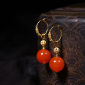 天然南红玛瑙耳圈满色柿子红圆珠耳环耳坠925银镀18k金多用款 耳饰