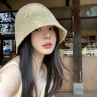 草帽高級(jí)感草編水桶帽女旅游新款 海邊度假遮陽(yáng)漁夫帽 韓版 2025新款