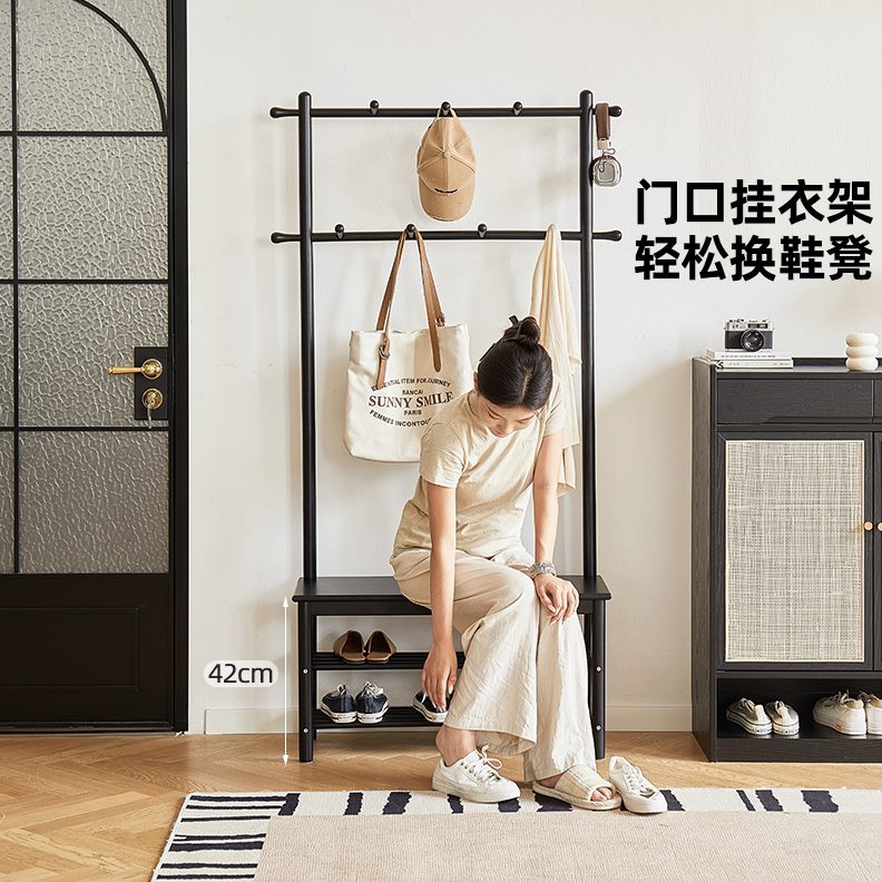 门口鞋架穿鞋凳一体爱必居挂衣架多功能黑色衣帽架落地实木换鞋凳