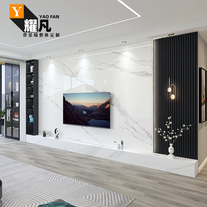 大理石材连纹电视影背景墙悬空瓷砖现代简约轻奢客厅装饰格栅