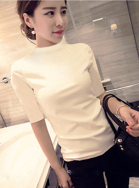 纯棉修身五分袖t恤时尚上衣女潮2024年秋冬新款紧身半高领打底衫