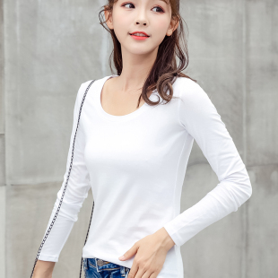 t恤内搭圆领紧身上衣秋衣 洋气百搭纯棉长袖 白色打底衫 女秋冬修身
