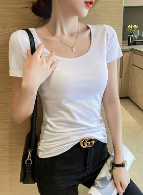 白色低圆领修身显瘦短袖t恤女夏季纯色正肩减龄洋气上衣通勤简约