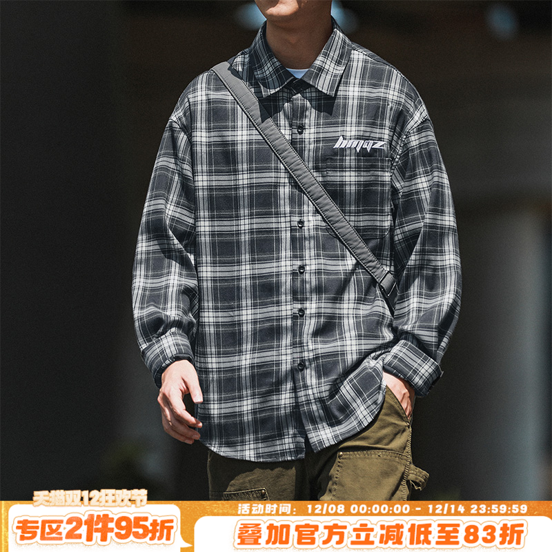 HEEMKIZOO刺绣翻领长袖格子衬衫