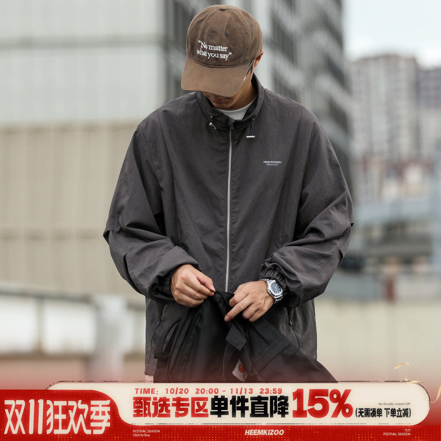 HEEMKIZOO秋季美式复古户外休闲宽松刺绣立领工装夹克男外套上衣