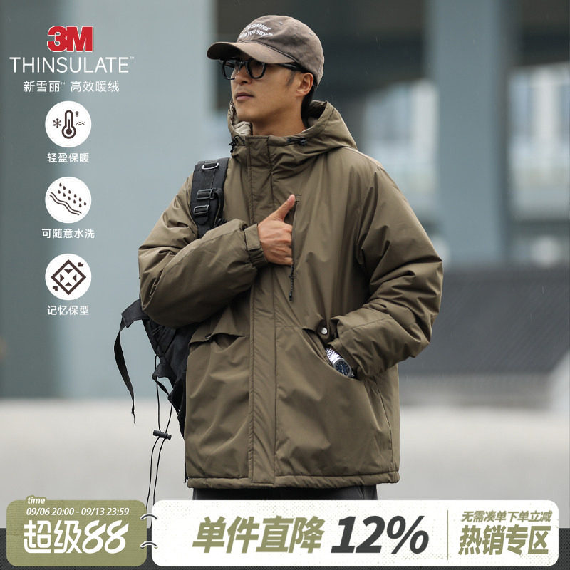 3M雪丽棉HEEMKIZOO冬季日系复古男连帽外套休闲加厚棉服宽松棉衣