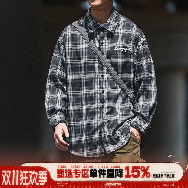 HEEMKIZOO春秋款日系复古刺绣翻领格子衬衫男士长袖衬衣外套潮牌