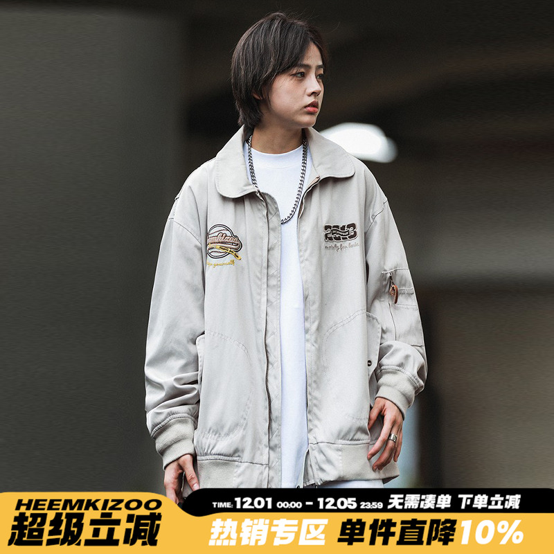 嘿马七作翻领工装刺绣飞行员夹克
