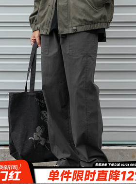 HEEMKIZOO日系复古春季男做旧水洗格纹休闲裤潮机能工装裤长裤子