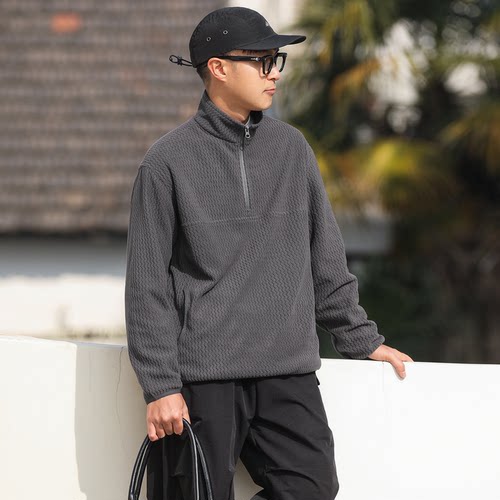 波浪绒复古立领半拉链套头卫衣男
