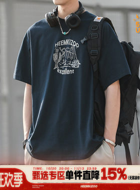 250g索罗娜HEEMKIZOO美式复古夏季男生沙漠仙人掌印花宽松短袖T恤