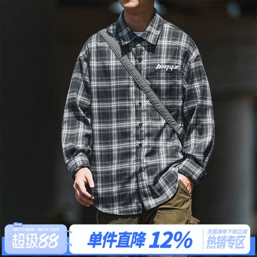 HEEMKIZOO刺绣翻领长袖格子衬衫