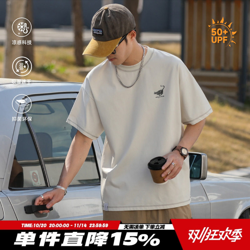 250gHEEMKIZOO索罗娜UPF50+日系复古凉感夏圆领印花短袖T恤男速干