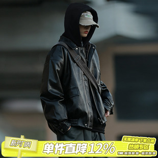 HEEMKIZOO日系复古秋冬款 男女皮衣外套潮牌 纯色翻领复古机车短款