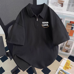 美式短袖polo衫男款夏季潮牌宽松高级感痞帅休闲翻领半拉链上衣服