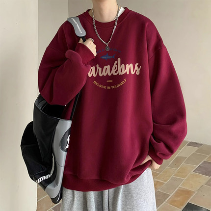 加绒加厚酒红色卫衣男款秋冬季美式复古潮牌oversize宽松上衣外套