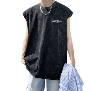 美式复古纯棉背心男夏季薄款无袖t恤男生水洗做旧ins潮流运动坎肩