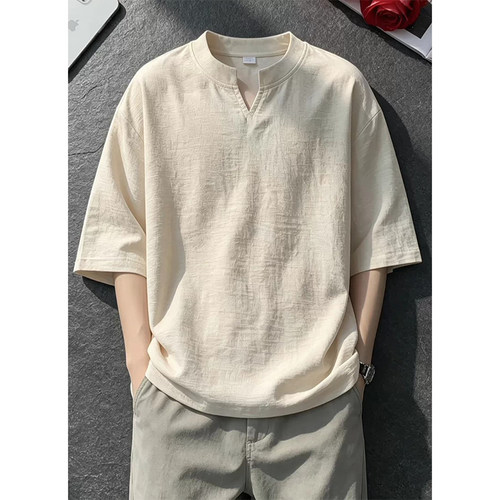 颖膝老钱风棉麻v领短袖男款夏季
