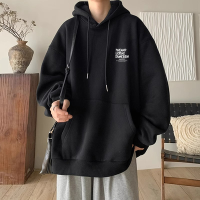 颖膝美式加绒连帽卫衣男秋冬季